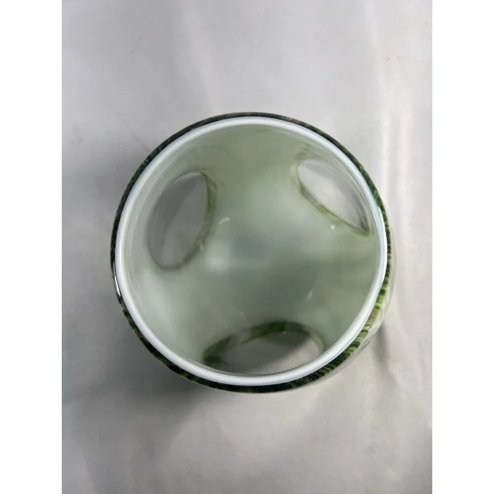 Hand Blown Art Glass Candle Holder Green White Swirl Gold Glitter 7” Tealight